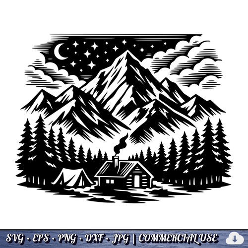 free Mountain Cabin Night Scene SVG | Camping Tent Log Cabin SVG | Starry Sky Wilderness Clipart | Cut File Commercial Use