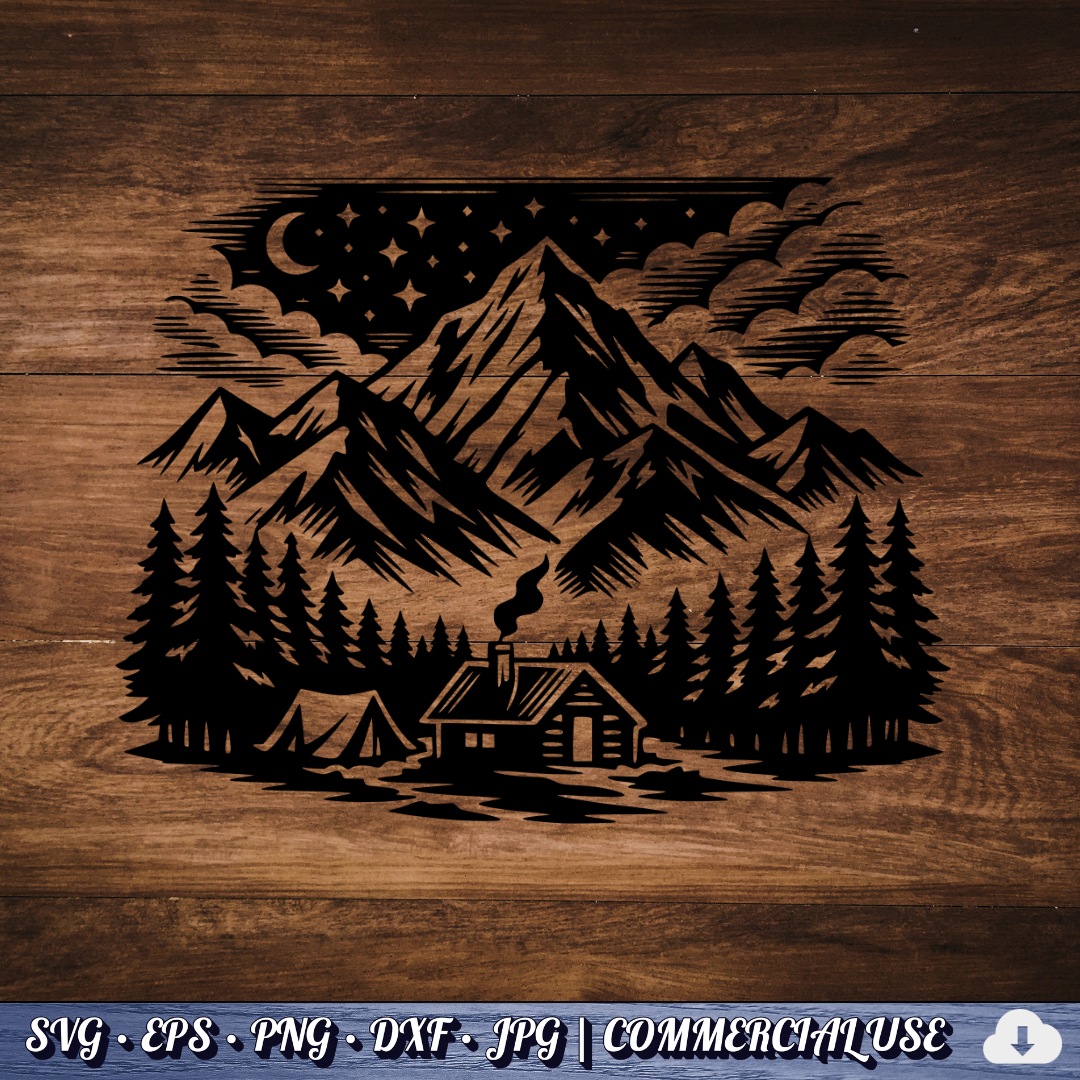 free Mountain Cabin Night Scene SVG | Camping Tent Log Cabin SVG | Starry Sky Wilderness Clipart | Cut File Commercial Use