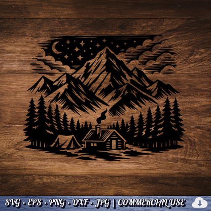 free Mountain Cabin Night Scene SVG | Camping Tent Log Cabin SVG | Starry Sky Wilderness Clipart | Cut File Commercial Use