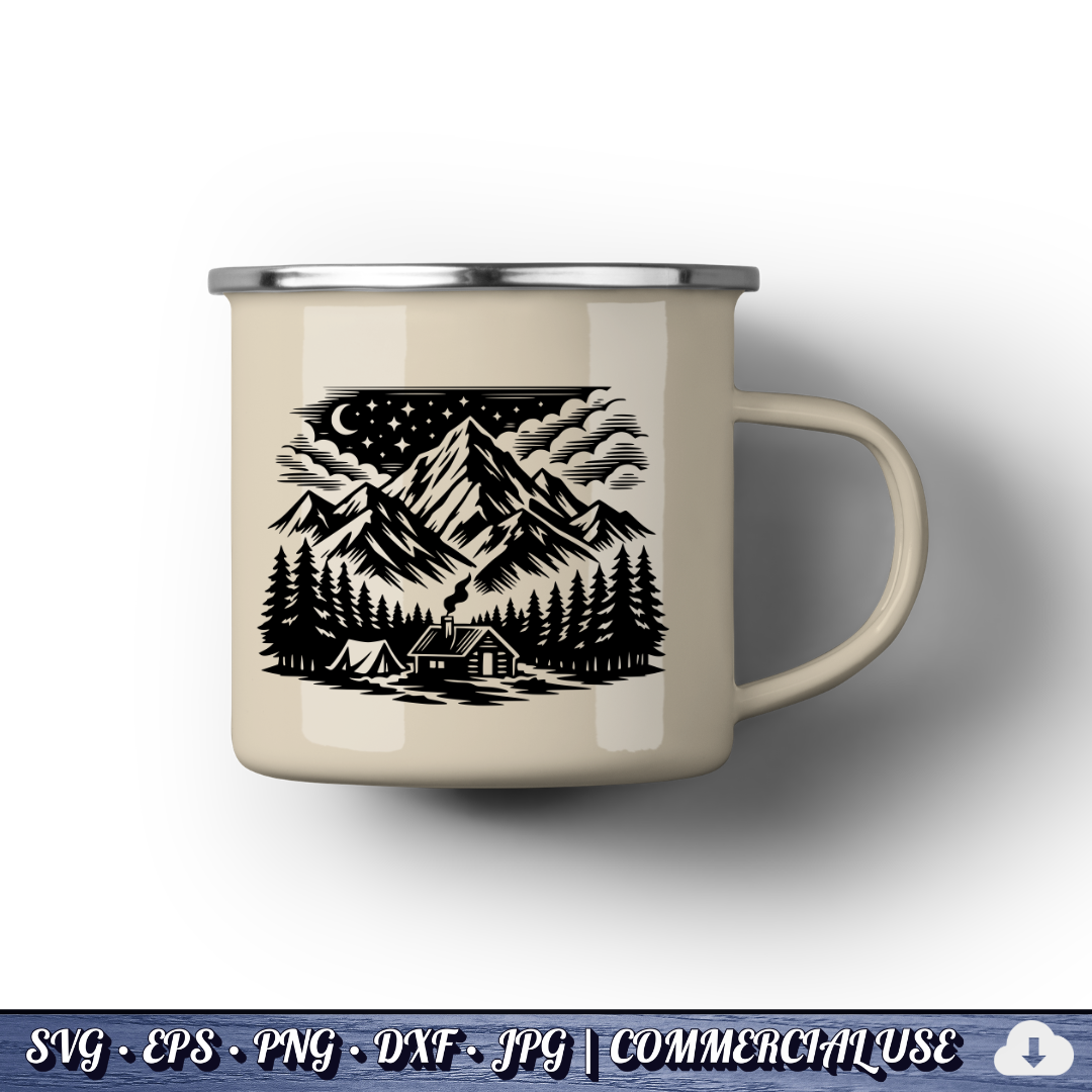 free Mountain Cabin Night Scene SVG | Camping Tent Log Cabin SVG | Starry Sky Wilderness Clipart | Cut File Commercial Use