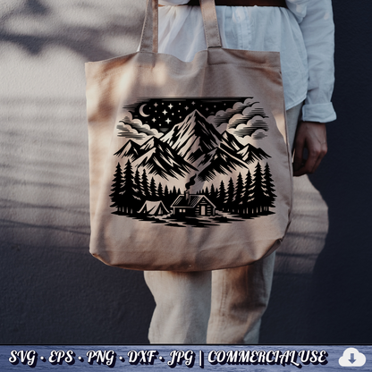 free Mountain Cabin Night Scene SVG | Camping Tent Log Cabin SVG | Starry Sky Wilderness Clipart | Cut File Commercial Use