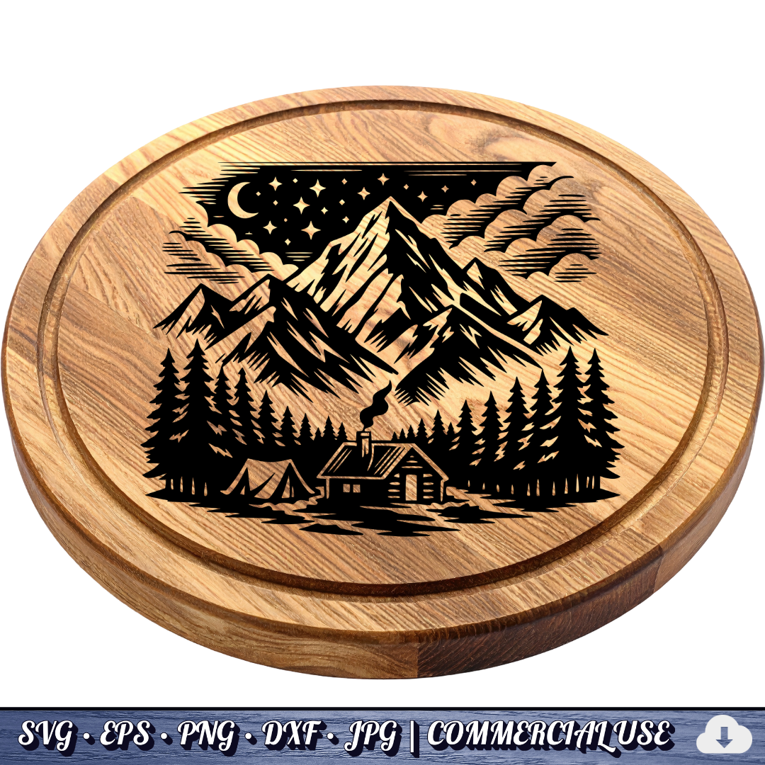 free Mountain Cabin Night Scene SVG | Camping Tent Log Cabin SVG | Starry Sky Wilderness Clipart | Cut File Commercial Use