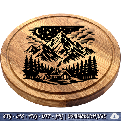 free Mountain Cabin Night Scene SVG | Camping Tent Log Cabin SVG | Starry Sky Wilderness Clipart | Cut File Commercial Use