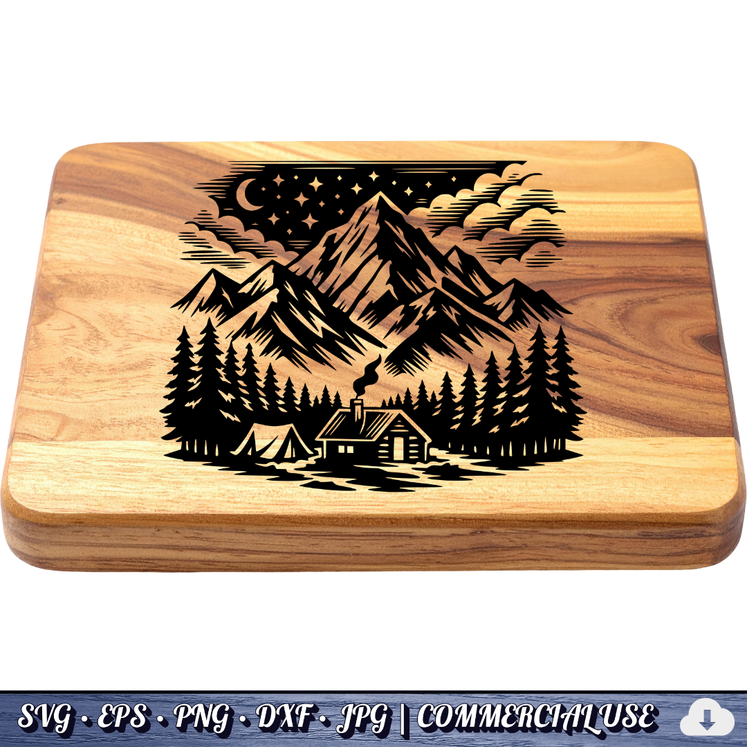 free Mountain Cabin Night Scene SVG | Camping Tent Log Cabin SVG | Starry Sky Wilderness Clipart | Cut File Commercial Use