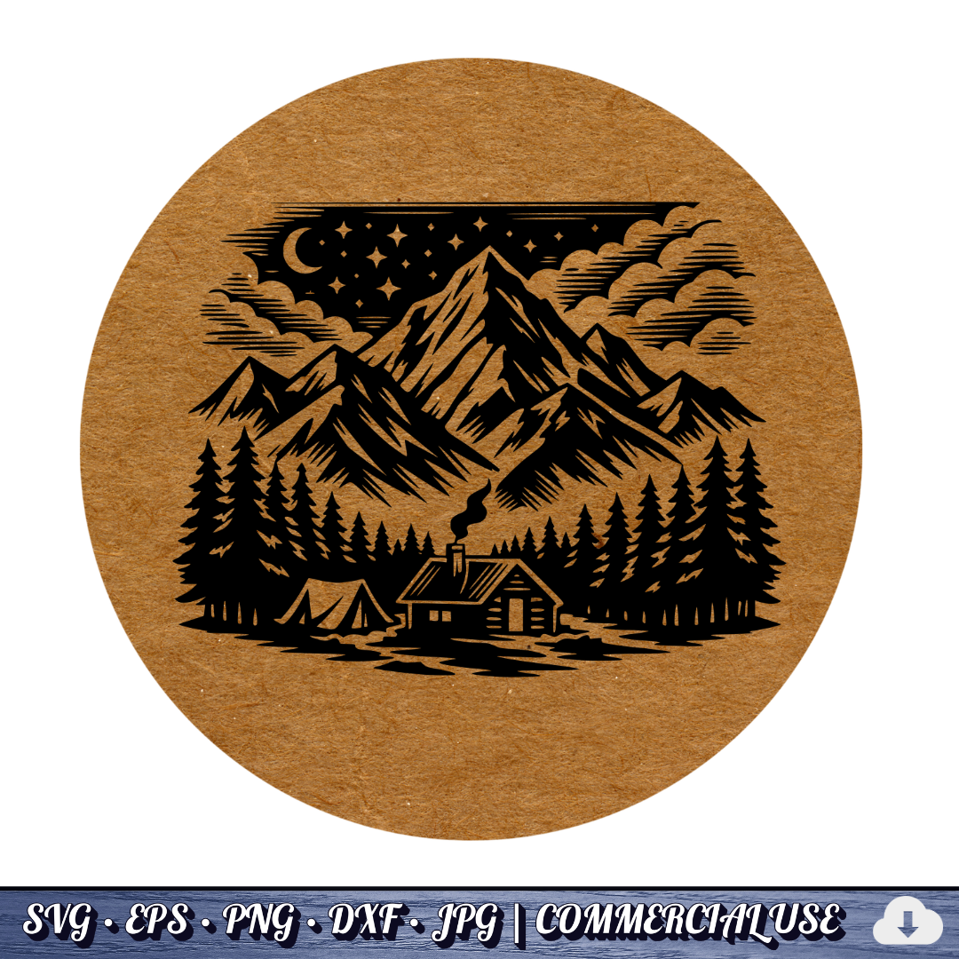 free Mountain Cabin Night Scene SVG | Camping Tent Log Cabin SVG | Starry Sky Wilderness Clipart | Cut File Commercial Use