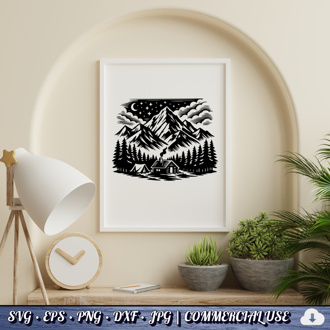 free Mountain Cabin Night Scene SVG | Camping Tent Log Cabin SVG | Starry Sky Wilderness Clipart | Cut File Commercial Use
