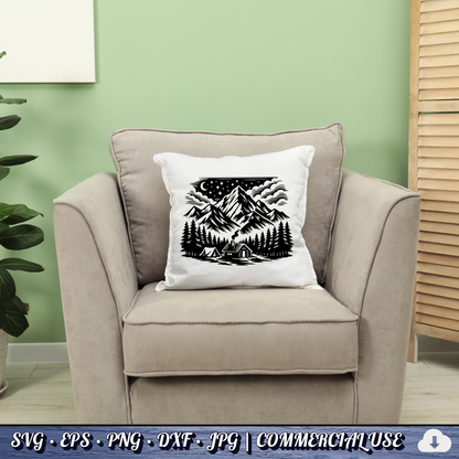 free Mountain Cabin Night Scene SVG | Camping Tent Log Cabin SVG | Starry Sky Wilderness Clipart | Cut File Commercial Use