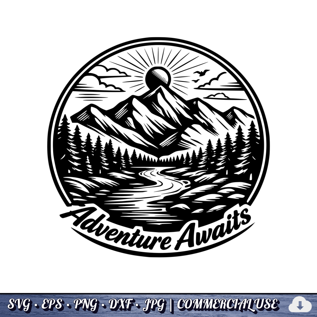 Adventure Awaits SVG | Mountain River Sunrise Circle Badge | Outdoor Nature SVG Cut File | Commercial Use Instant Download