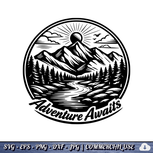 Adventure Awaits SVG | Mountain River Sunrise Circle Badge | Outdoor Nature SVG Cut File | Commercial Use Instant Download