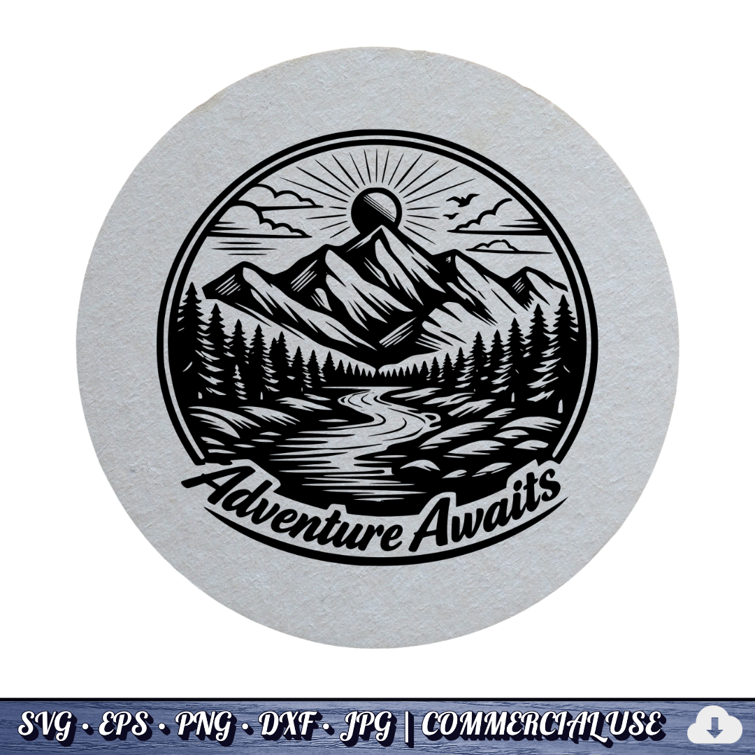 Adventure Awaits SVG | Mountain River Sunrise Circle Badge | Outdoor Nature SVG Cut File | Commercial Use Instant Download