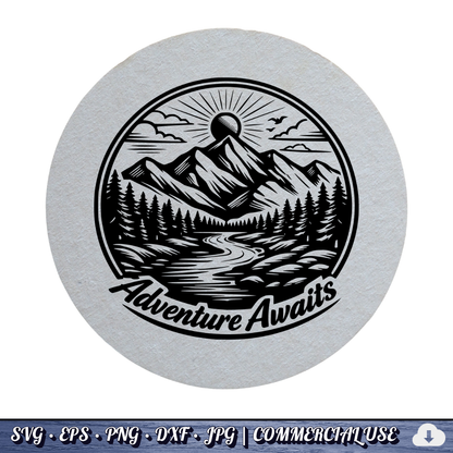 Adventure Awaits SVG | Mountain River Sunrise Circle Badge | Outdoor Nature SVG Cut File | Commercial Use Instant Download