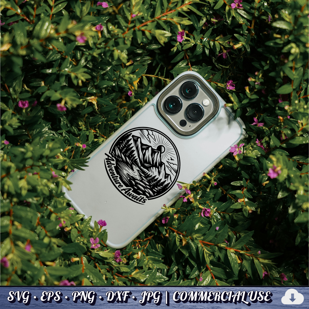 Adventure Awaits SVG | Mountain River Sunrise Circle Badge | Outdoor Nature SVG Cut File | Commercial Use Instant Download