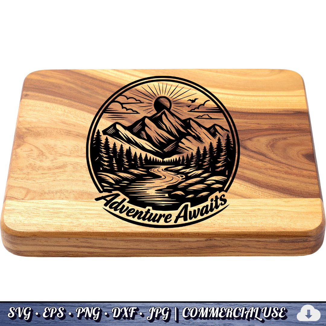 Adventure Awaits SVG | Mountain River Sunrise Circle Badge | Outdoor Nature SVG Cut File | Commercial Use Instant Download
