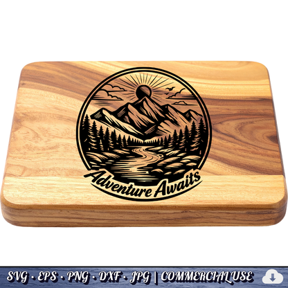 Adventure Awaits SVG | Mountain River Sunrise Circle Badge | Outdoor Nature SVG Cut File | Commercial Use Instant Download
