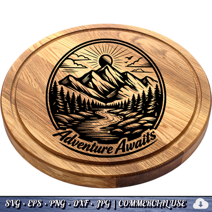 Adventure Awaits SVG | Mountain River Sunrise Circle Badge | Outdoor Nature SVG Cut File | Commercial Use Instant Download