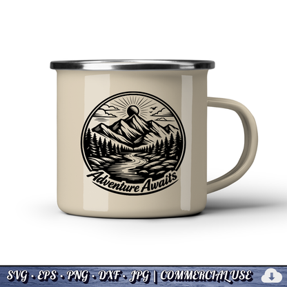 Adventure Awaits SVG | Mountain River Sunrise Circle Badge | Outdoor Nature SVG Cut File | Commercial Use Instant Download
