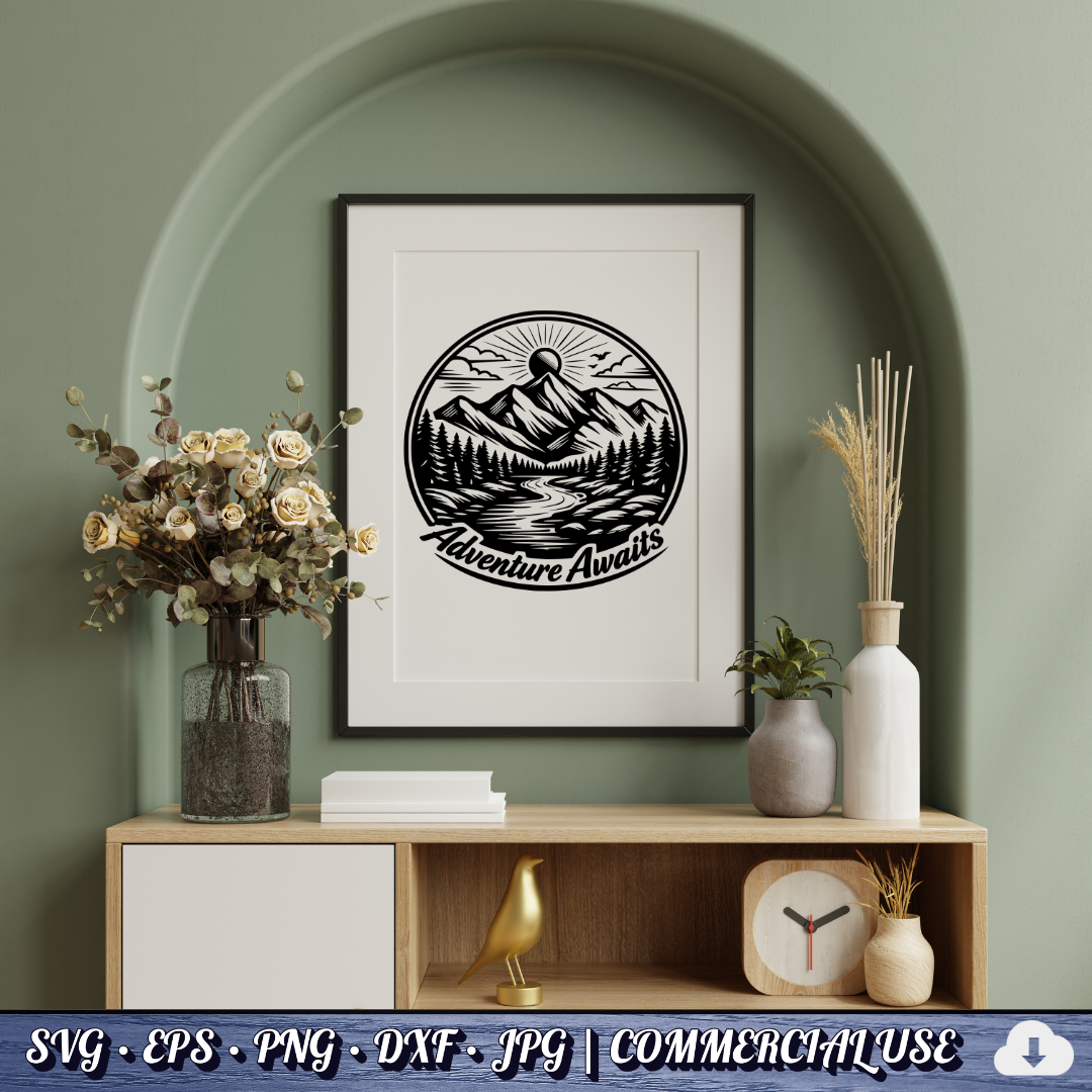 Adventure Awaits SVG | Mountain River Sunrise Circle Badge | Outdoor Nature SVG Cut File | Commercial Use Instant Download