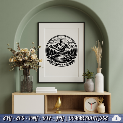 Adventure Awaits SVG | Mountain River Sunrise Circle Badge | Outdoor Nature SVG Cut File | Commercial Use Instant Download