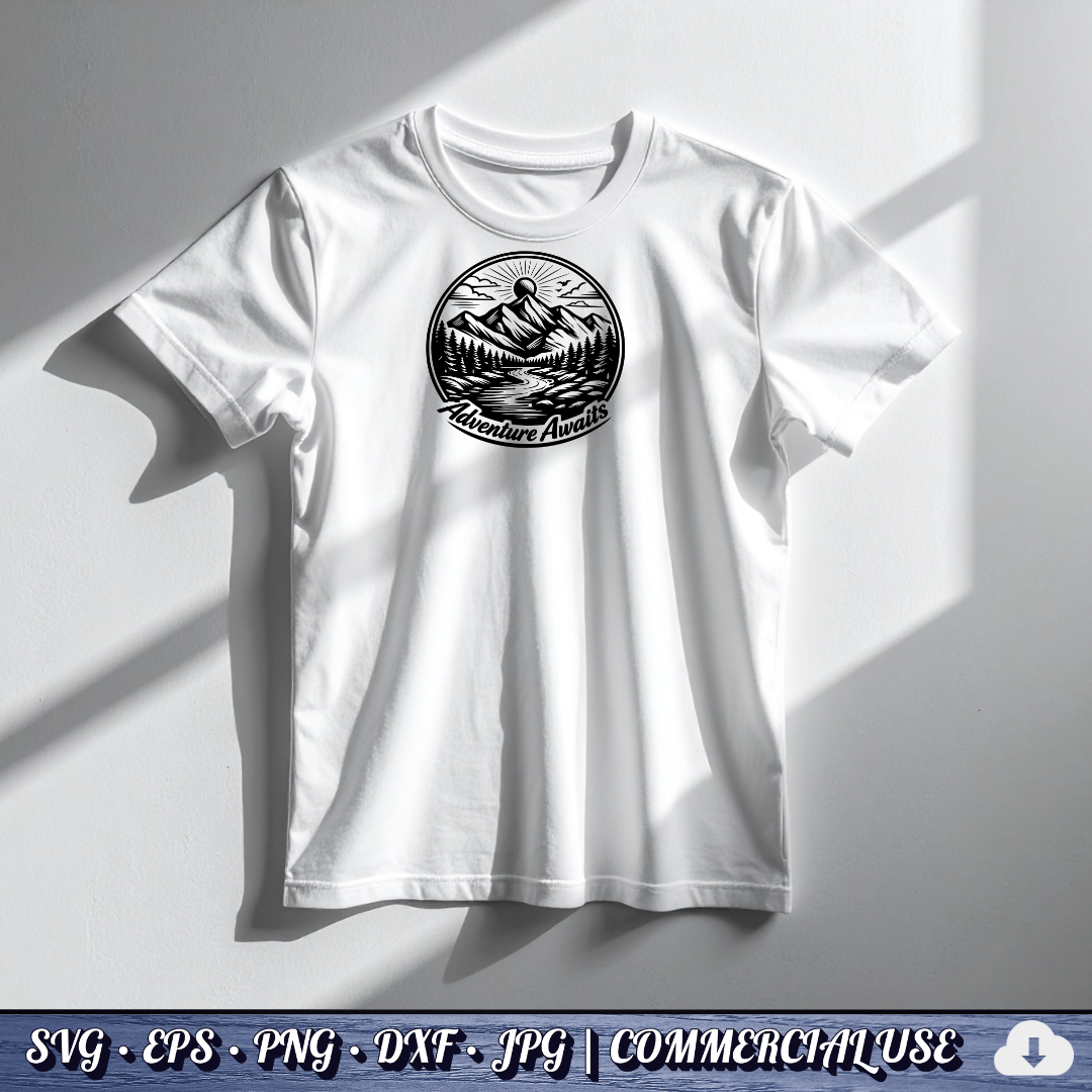 Adventure Awaits SVG | Mountain River Sunrise Circle Badge | Outdoor Nature SVG Cut File | Commercial Use Instant Download