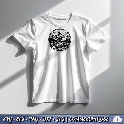 Adventure Awaits SVG | Mountain River Sunrise Circle Badge | Outdoor Nature SVG Cut File | Commercial Use Instant Download