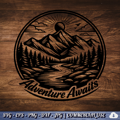 Adventure Awaits SVG | Mountain River Sunrise Circle Badge | Outdoor Nature SVG Cut File | Commercial Use Instant Download