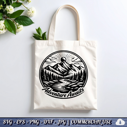 Adventure Awaits SVG | Mountain River Sunrise Circle Badge | Outdoor Nature SVG Cut File | Commercial Use Instant Download
