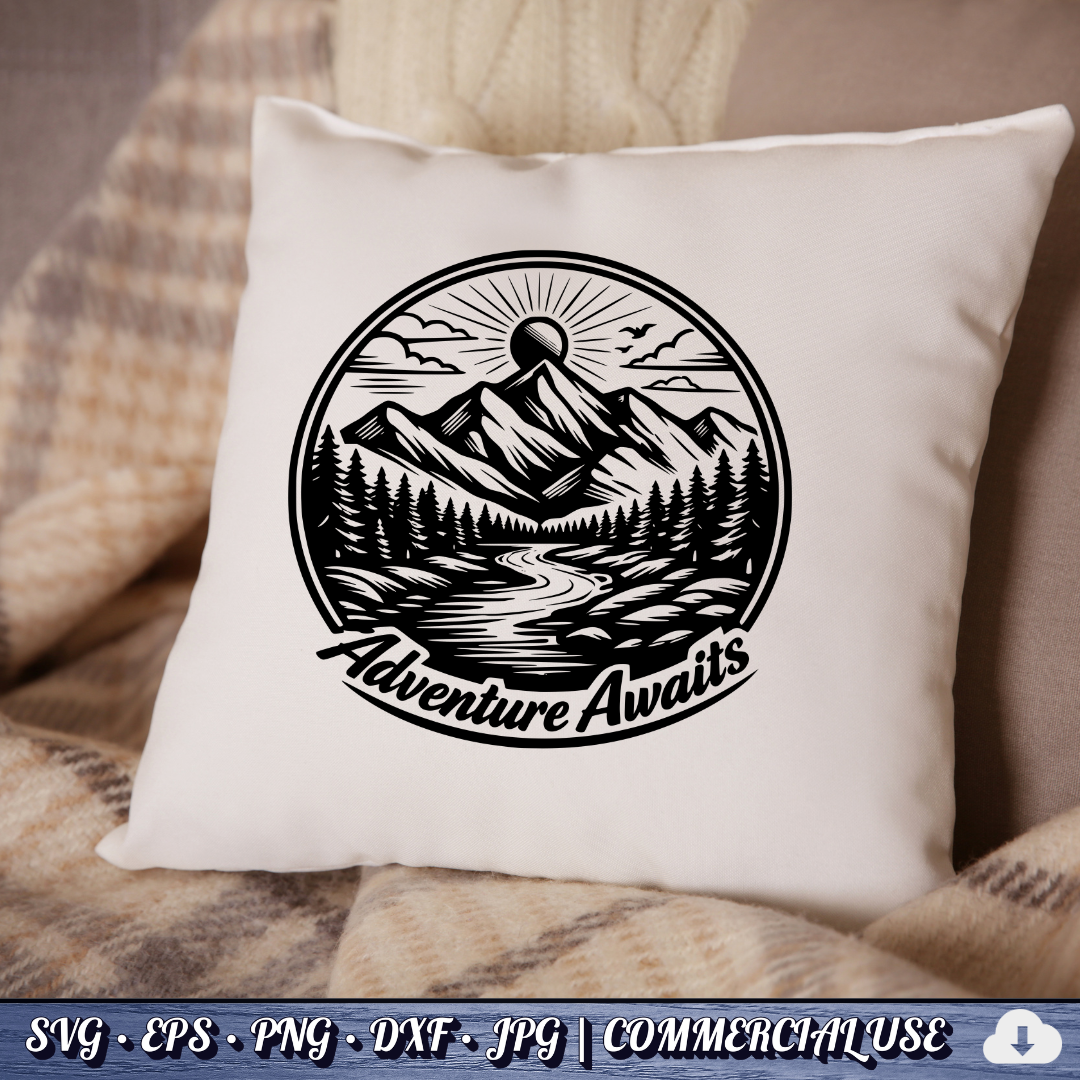 Adventure Awaits SVG | Mountain River Sunrise Circle Badge | Outdoor Nature SVG Cut File | Commercial Use Instant Download