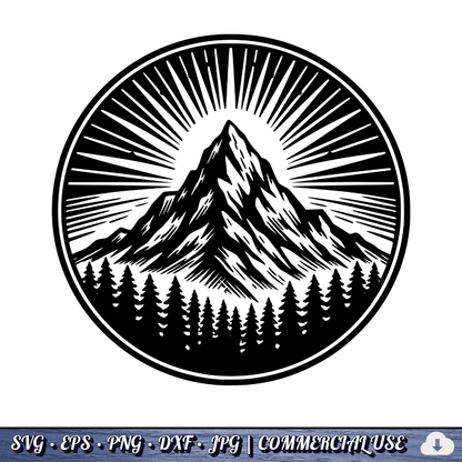 Mountain Sunburst SVG | Peak Pine Trees Circle Badge | Wilderness Rays Clipart SVG Cut File | Commercial Use Instant Download