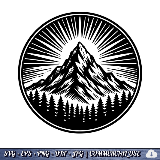 Mountain Sunburst SVG | Peak Pine Trees Circle Badge | Wilderness Rays Clipart SVG Cut File | Commercial Use Instant Download