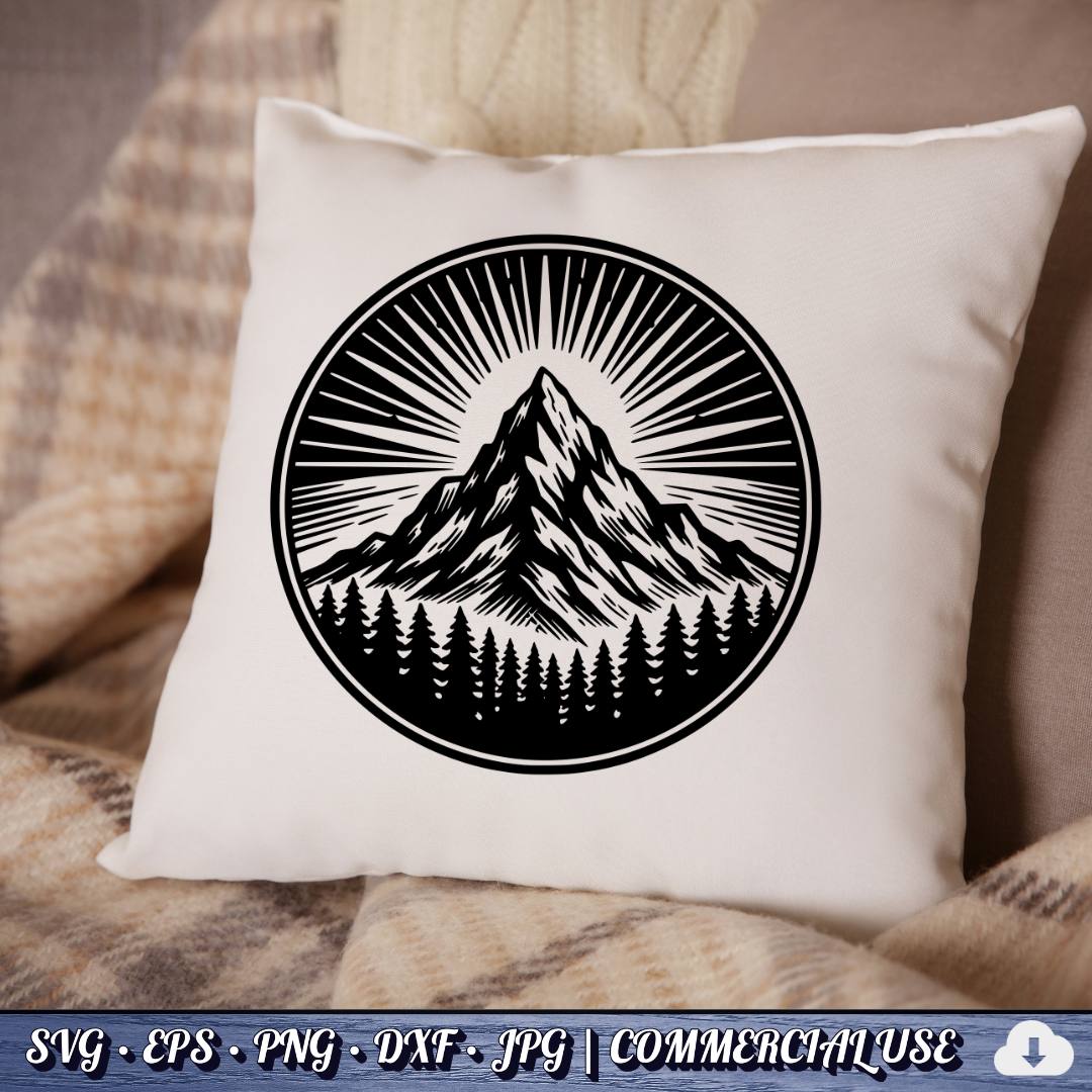 Mountain Sunburst SVG | Peak Pine Trees Circle Badge | Wilderness Rays Clipart SVG Cut File | Commercial Use Instant Download