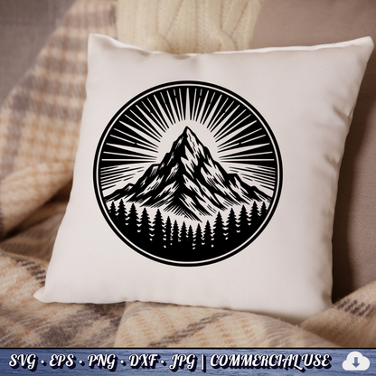 Mountain Sunburst SVG | Peak Pine Trees Circle Badge | Wilderness Rays Clipart SVG Cut File | Commercial Use Instant Download