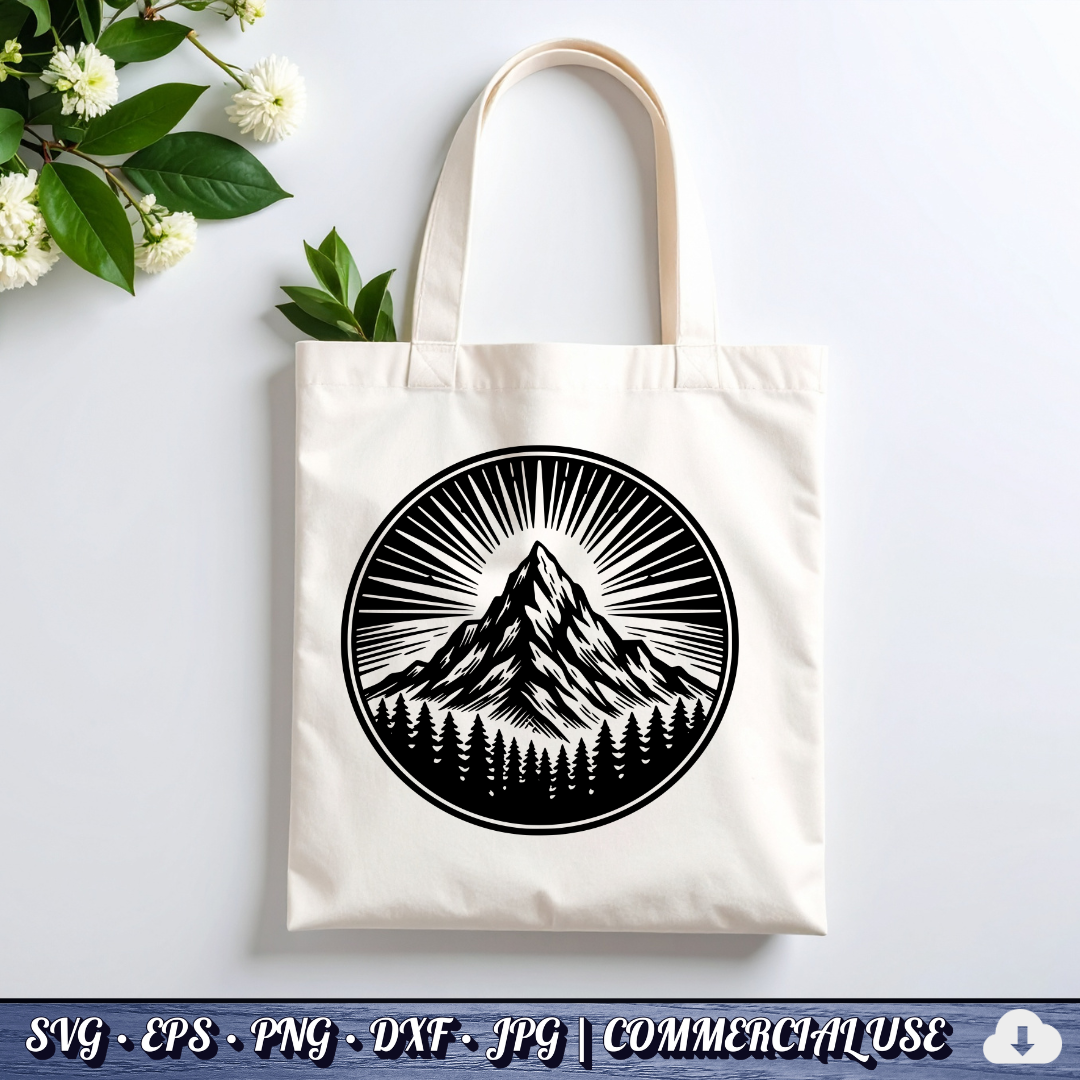 Mountain Sunburst SVG | Peak Pine Trees Circle Badge | Wilderness Rays Clipart SVG Cut File | Commercial Use Instant Download