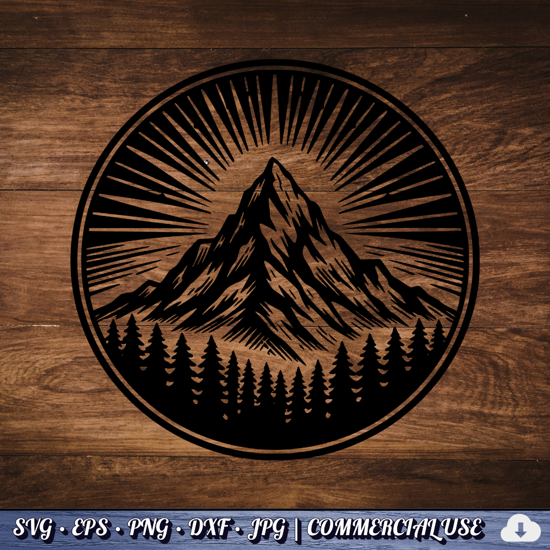 Mountain Sunburst SVG | Peak Pine Trees Circle Badge | Wilderness Rays Clipart SVG Cut File | Commercial Use Instant Download