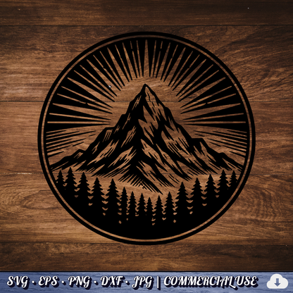 Mountain Sunburst SVG | Peak Pine Trees Circle Badge | Wilderness Rays Clipart SVG Cut File | Commercial Use Instant Download