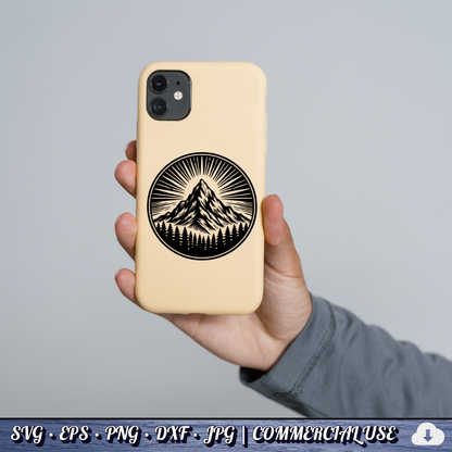 Mountain Sunburst SVG | Peak Pine Trees Circle Badge | Wilderness Rays Clipart SVG Cut File | Commercial Use Instant Download