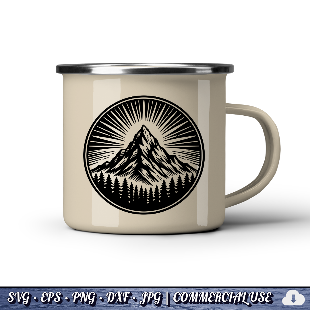 Mountain Sunburst SVG | Peak Pine Trees Circle Badge | Wilderness Rays Clipart SVG Cut File | Commercial Use Instant Download