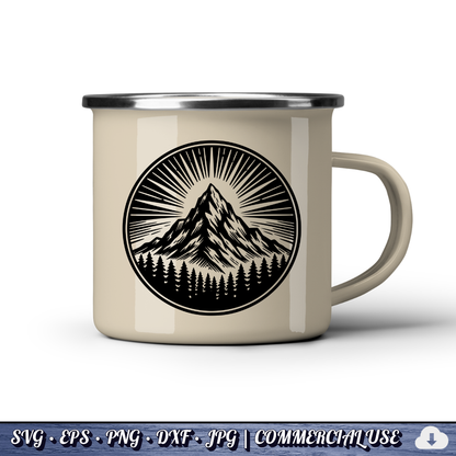 Mountain Sunburst SVG | Peak Pine Trees Circle Badge | Wilderness Rays Clipart SVG Cut File | Commercial Use Instant Download