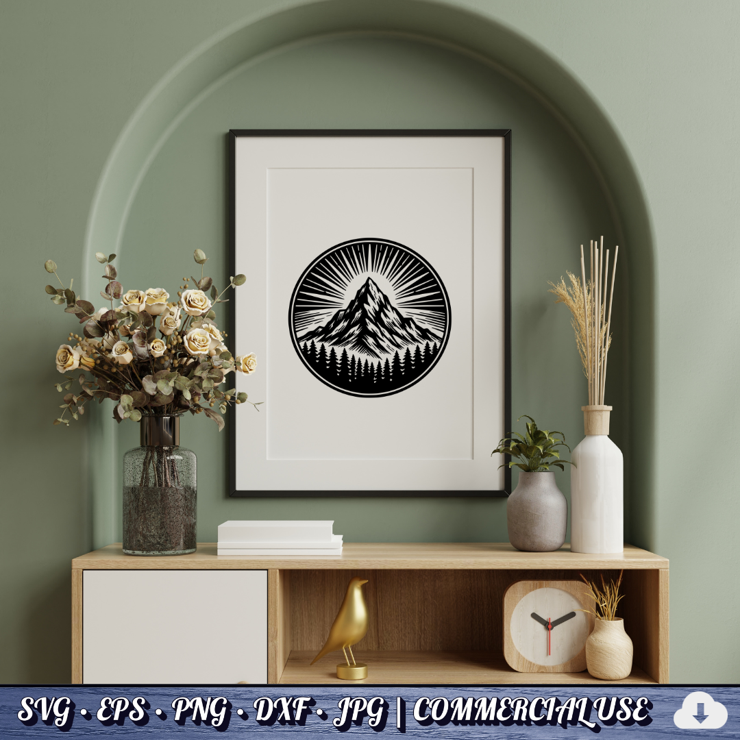 Mountain Sunburst SVG | Peak Pine Trees Circle Badge | Wilderness Rays Clipart SVG Cut File | Commercial Use Instant Download