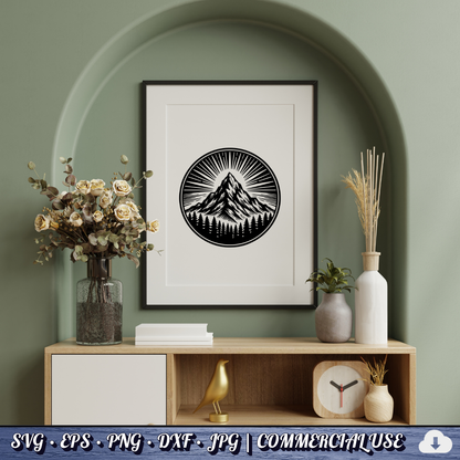 Mountain Sunburst SVG | Peak Pine Trees Circle Badge | Wilderness Rays Clipart SVG Cut File | Commercial Use Instant Download