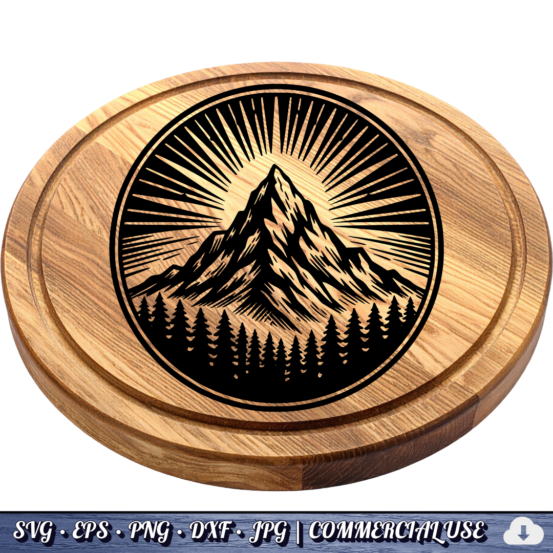 Mountain Sunburst SVG | Peak Pine Trees Circle Badge | Wilderness Rays Clipart SVG Cut File | Commercial Use Instant Download