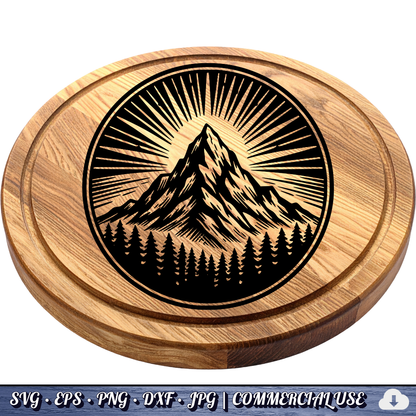 Mountain Sunburst SVG | Peak Pine Trees Circle Badge | Wilderness Rays Clipart SVG Cut File | Commercial Use Instant Download
