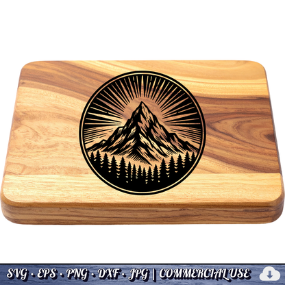Mountain Sunburst SVG | Peak Pine Trees Circle Badge | Wilderness Rays Clipart SVG Cut File | Commercial Use Instant Download