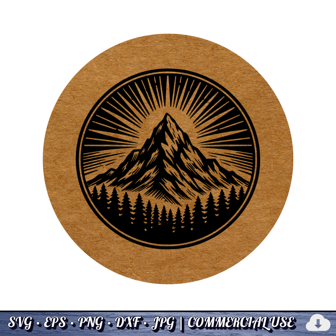 Mountain Sunburst SVG | Peak Pine Trees Circle Badge | Wilderness Rays Clipart SVG Cut File | Commercial Use Instant Download
