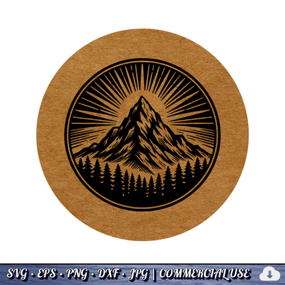 Mountain Sunburst SVG | Peak Pine Trees Circle Badge | Wilderness Rays Clipart SVG Cut File | Commercial Use Instant Download