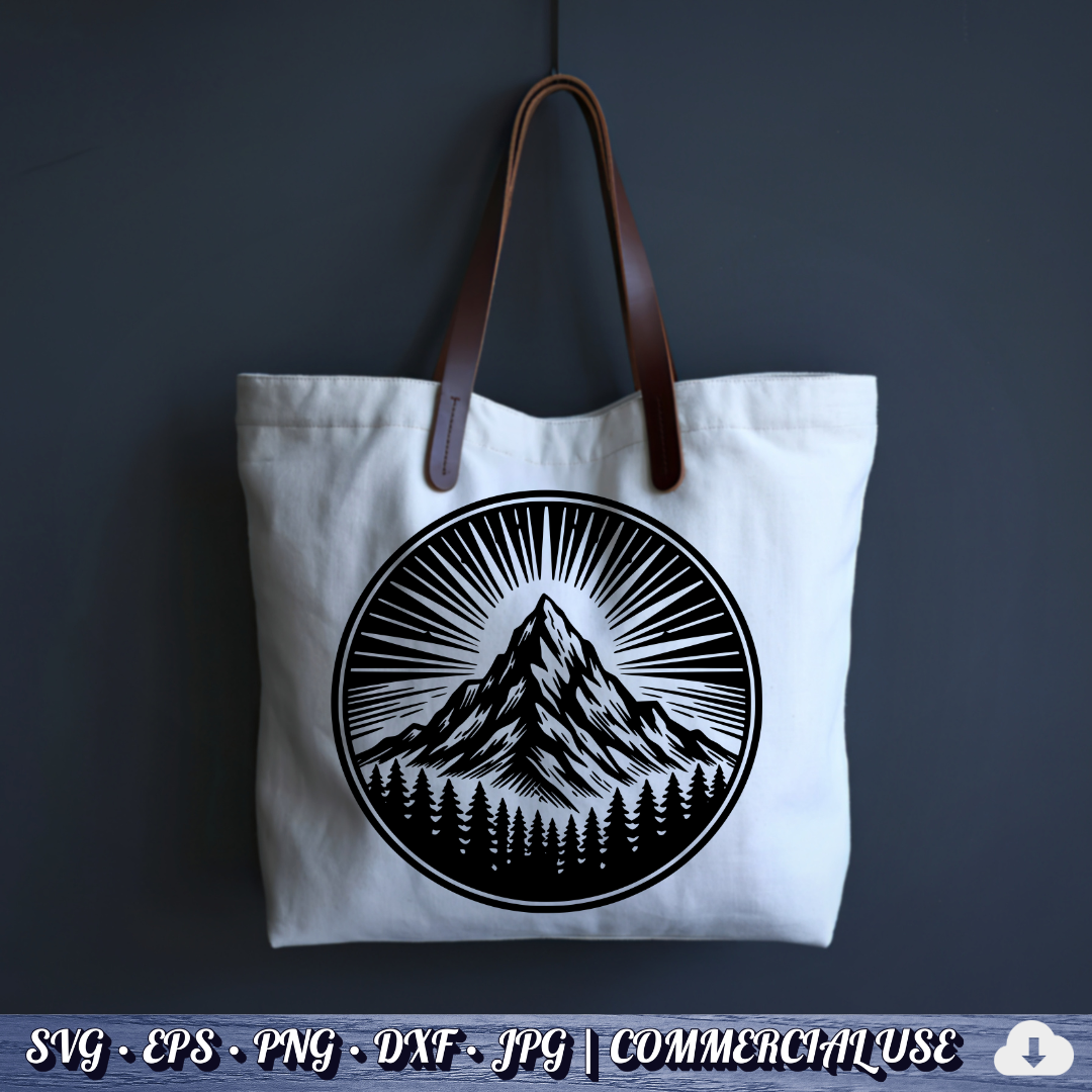Mountain Sunburst SVG | Peak Pine Trees Circle Badge | Wilderness Rays Clipart SVG Cut File | Commercial Use Instant Download