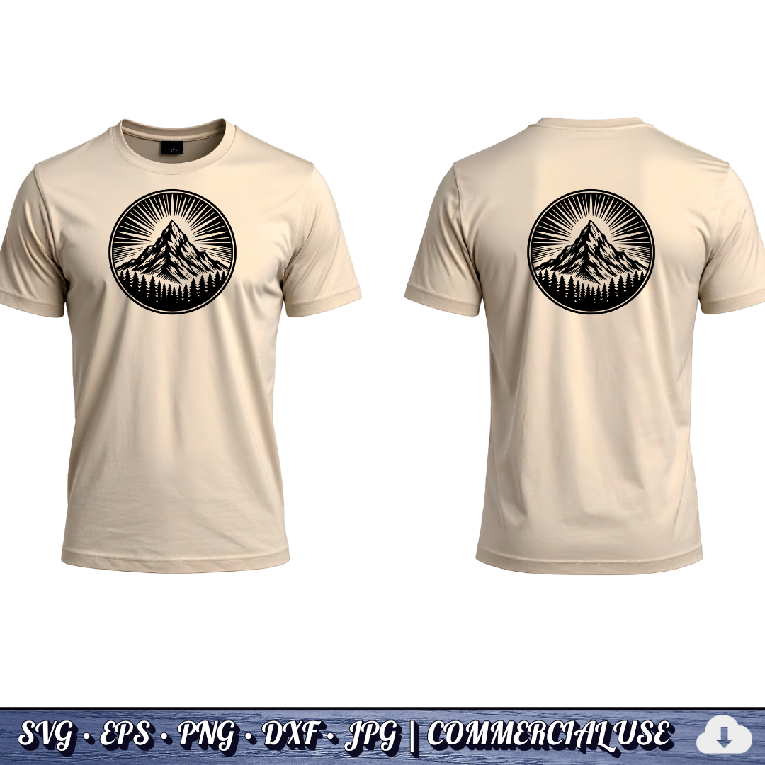 Mountain Sunburst SVG | Peak Pine Trees Circle Badge | Wilderness Rays Clipart SVG Cut File | Commercial Use Instant Download