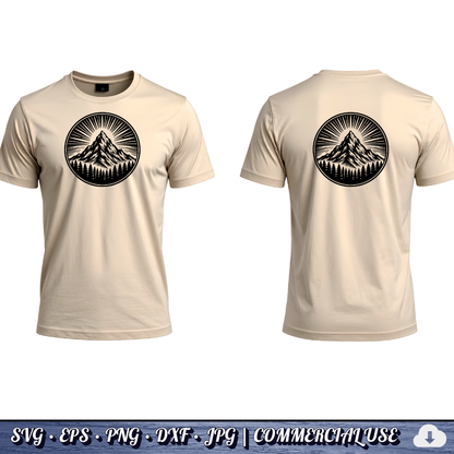 Mountain Sunburst SVG | Peak Pine Trees Circle Badge | Wilderness Rays Clipart SVG Cut File | Commercial Use Instant Download