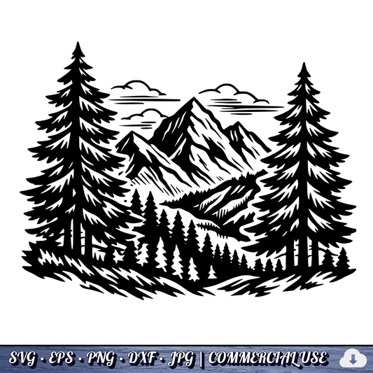 Mountain Forest Scene SVG | Pine Trees Mountain Landscape SVG | Wilderness Nature Clipart Cut File | Commercial Use Instant Download