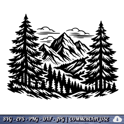 Mountain Forest Scene SVG | Pine Trees Mountain Landscape SVG | Wilderness Nature Clipart Cut File | Commercial Use Instant Download