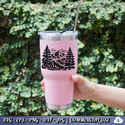 Mountain Forest Scene SVG | Pine Trees Mountain Landscape SVG | Wilderness Nature Clipart Cut File | Commercial Use Instant Download